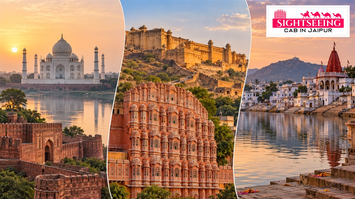 Branded collage of Taj Mahal Jaipur forts and Pushkar Lake