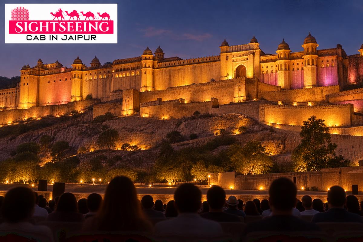 Amber Fort illuminated for evening light and sound show in Jaipur