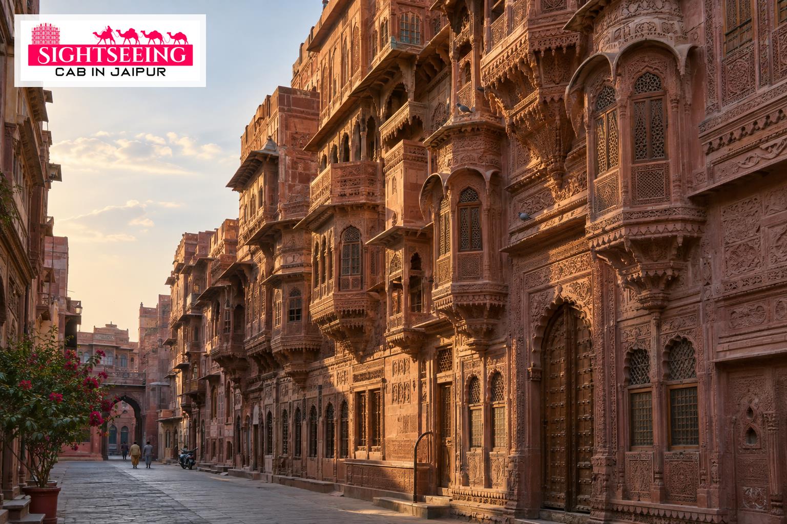 Red sandstone Rampuria Havelis on Bikaner old city walk
