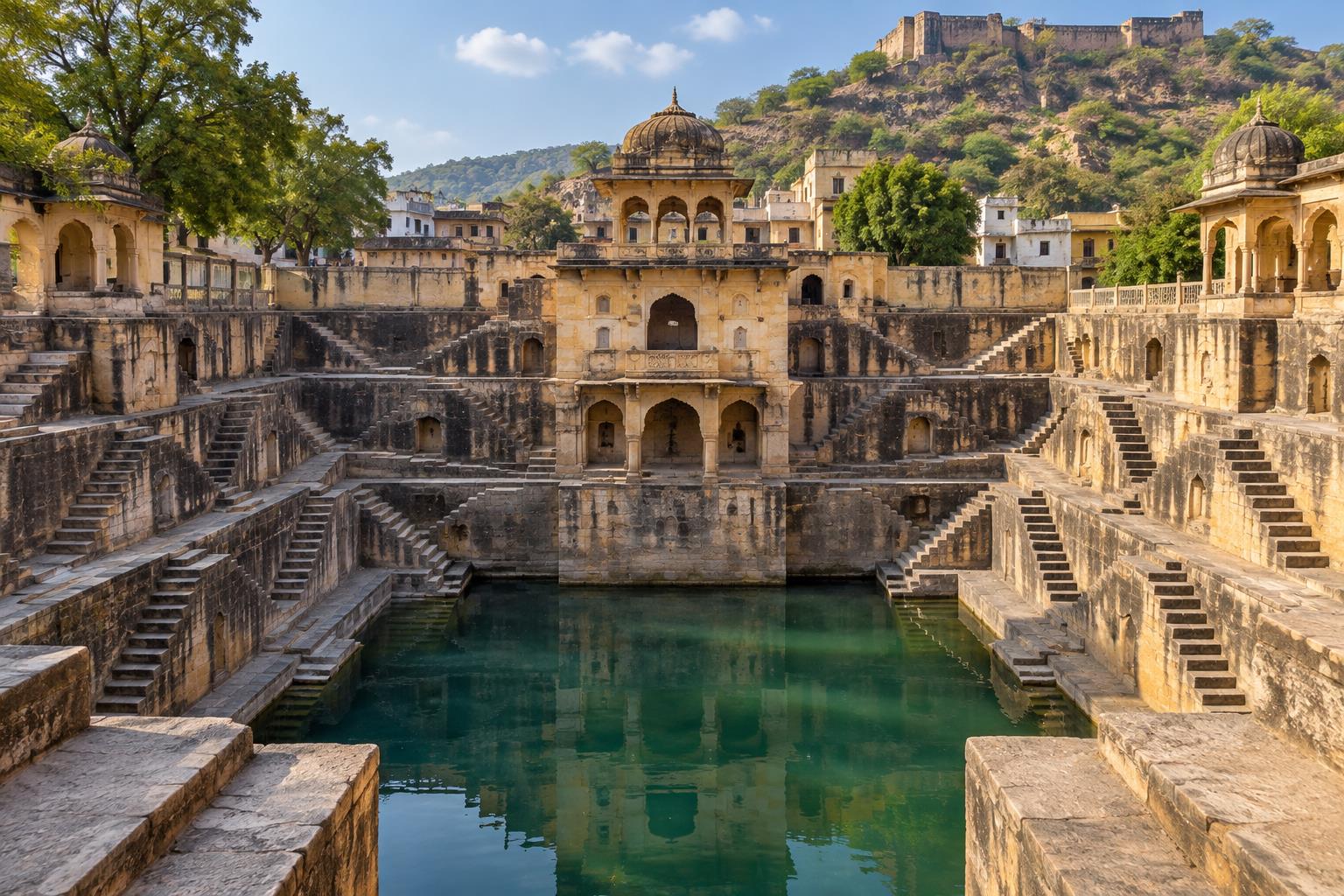 AI-generated travel illustration inspired by Bundi stepped reservoirs