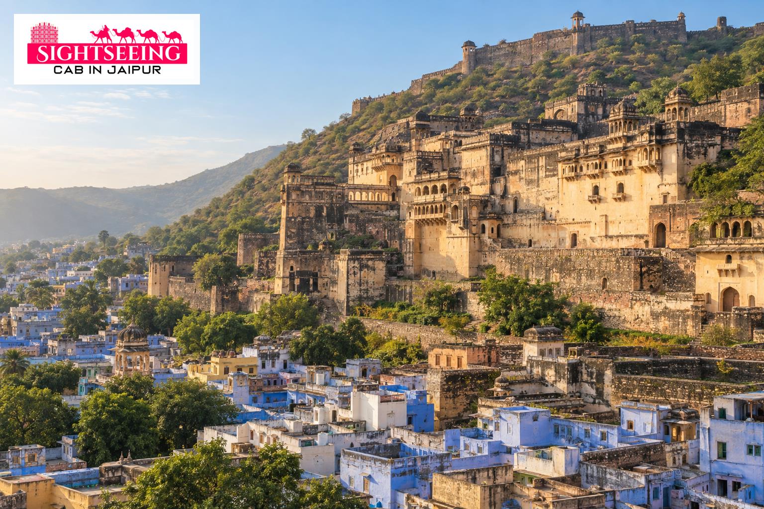 AI-generated Bundi Garh Palace travel illustration with Sightseeing Cab in Jaipur branding