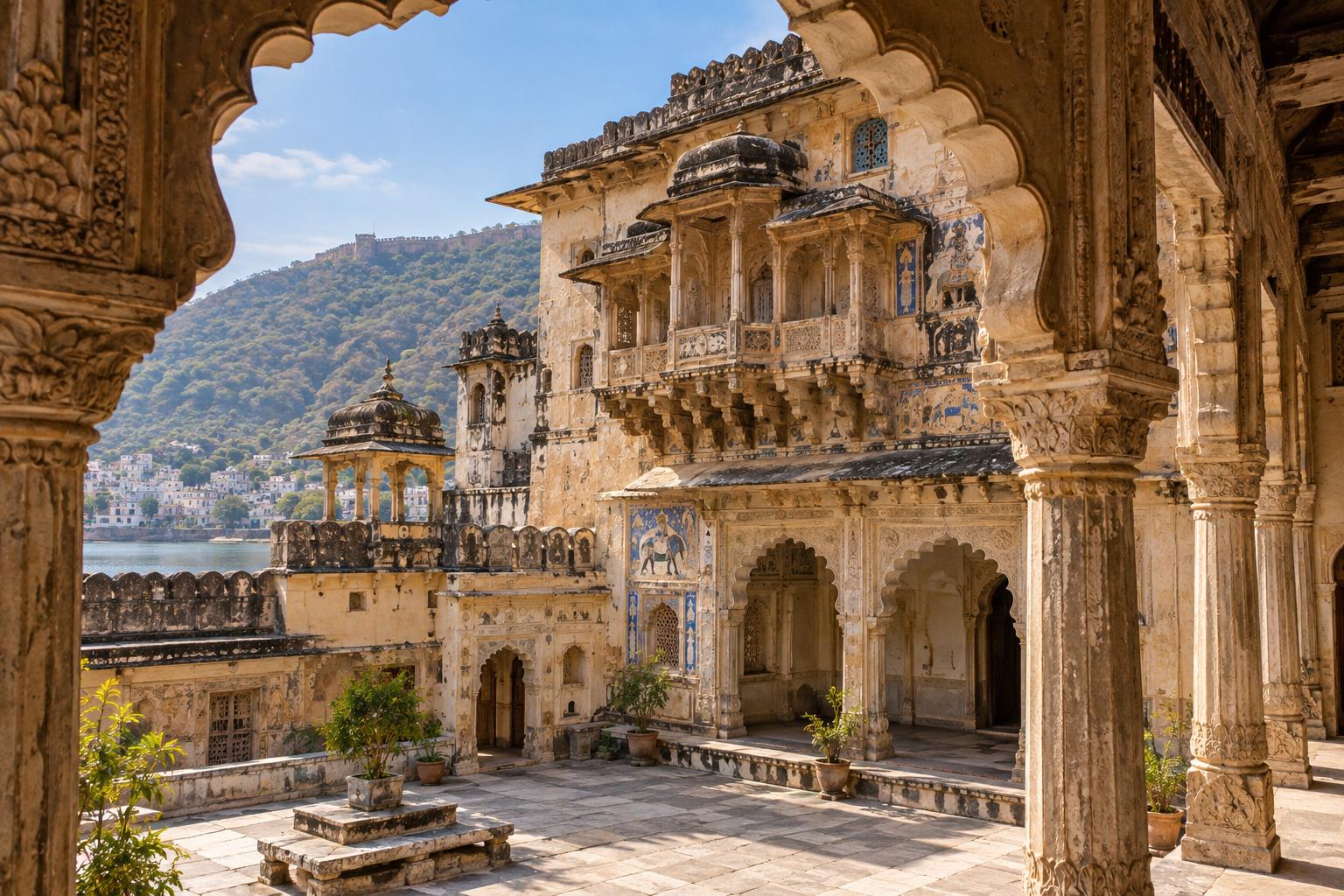 AI-generated travel illustration inspired by Bundi palace architecture