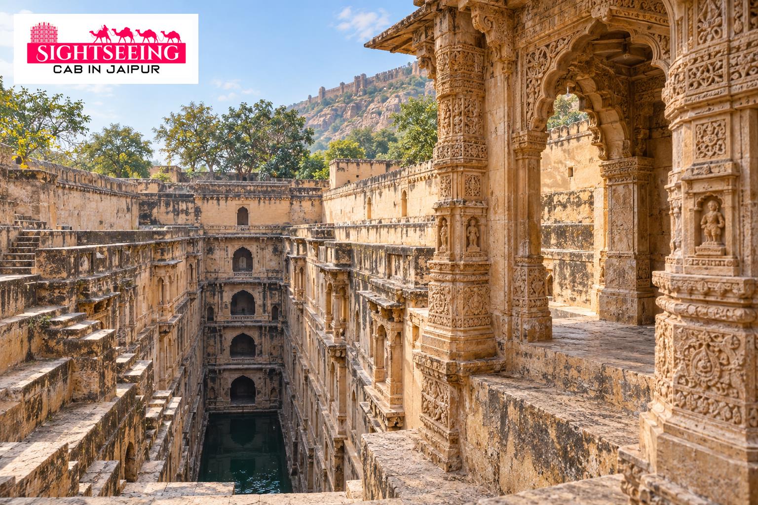 AI-generated Raniji ki Baori architectural travel illustration with website logo