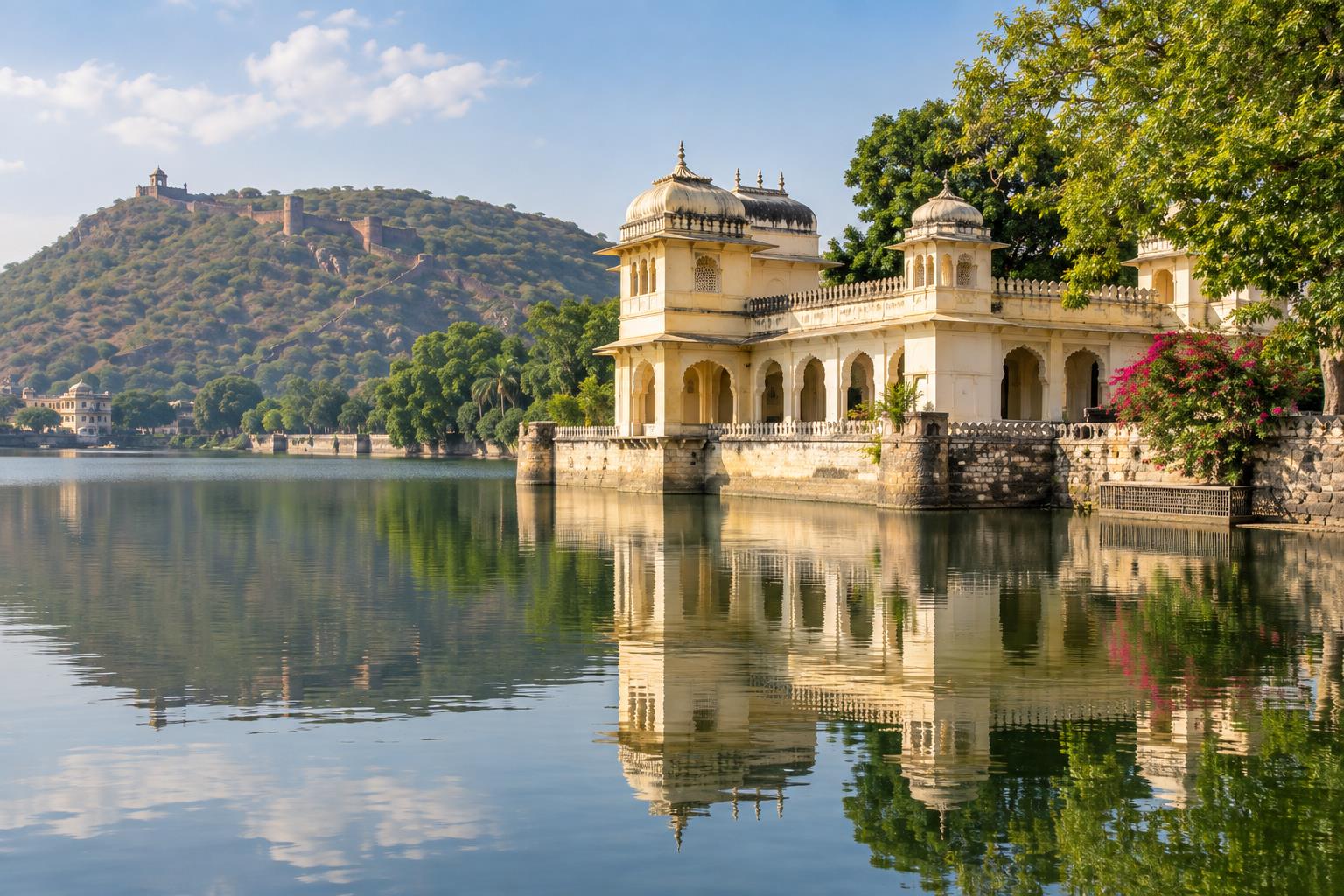 AI-generated travel illustration inspired by Sukh Mahal and Jait Sagar