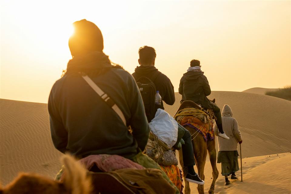Travellers on a camel safari in the Jaisalmer sand dunes at sunset