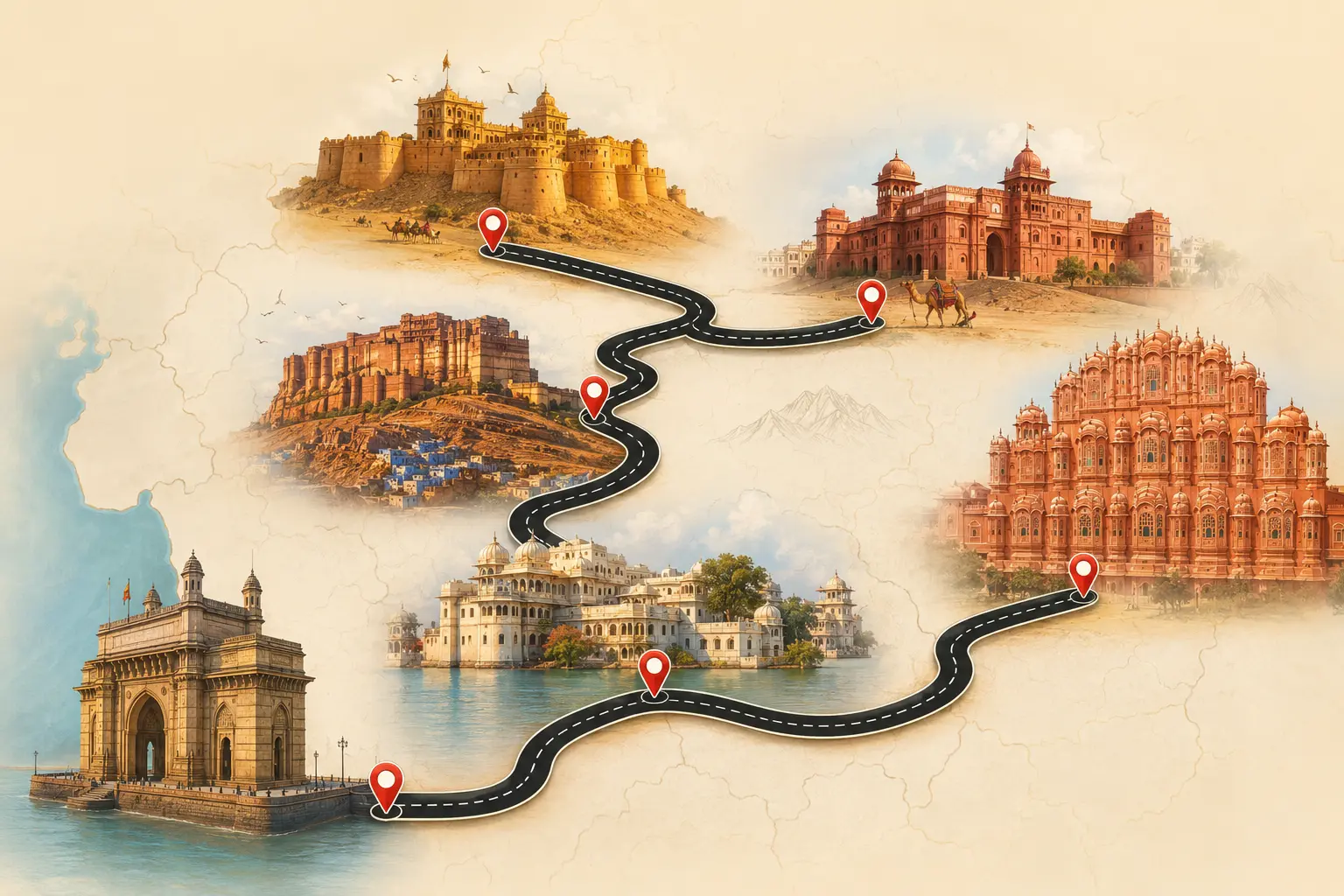 Illustrated Mumbai to Rajasthan tour route through Udaipur, Jodhpur, Jaisalmer, Bikaner and Jaipur