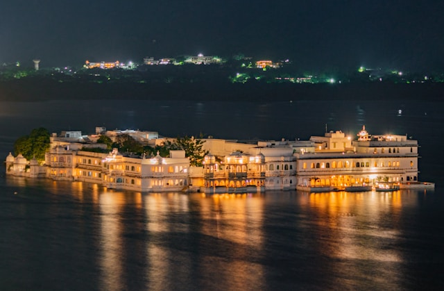 Lake Palace illuminated at night on Lake Pichola in Udaipur