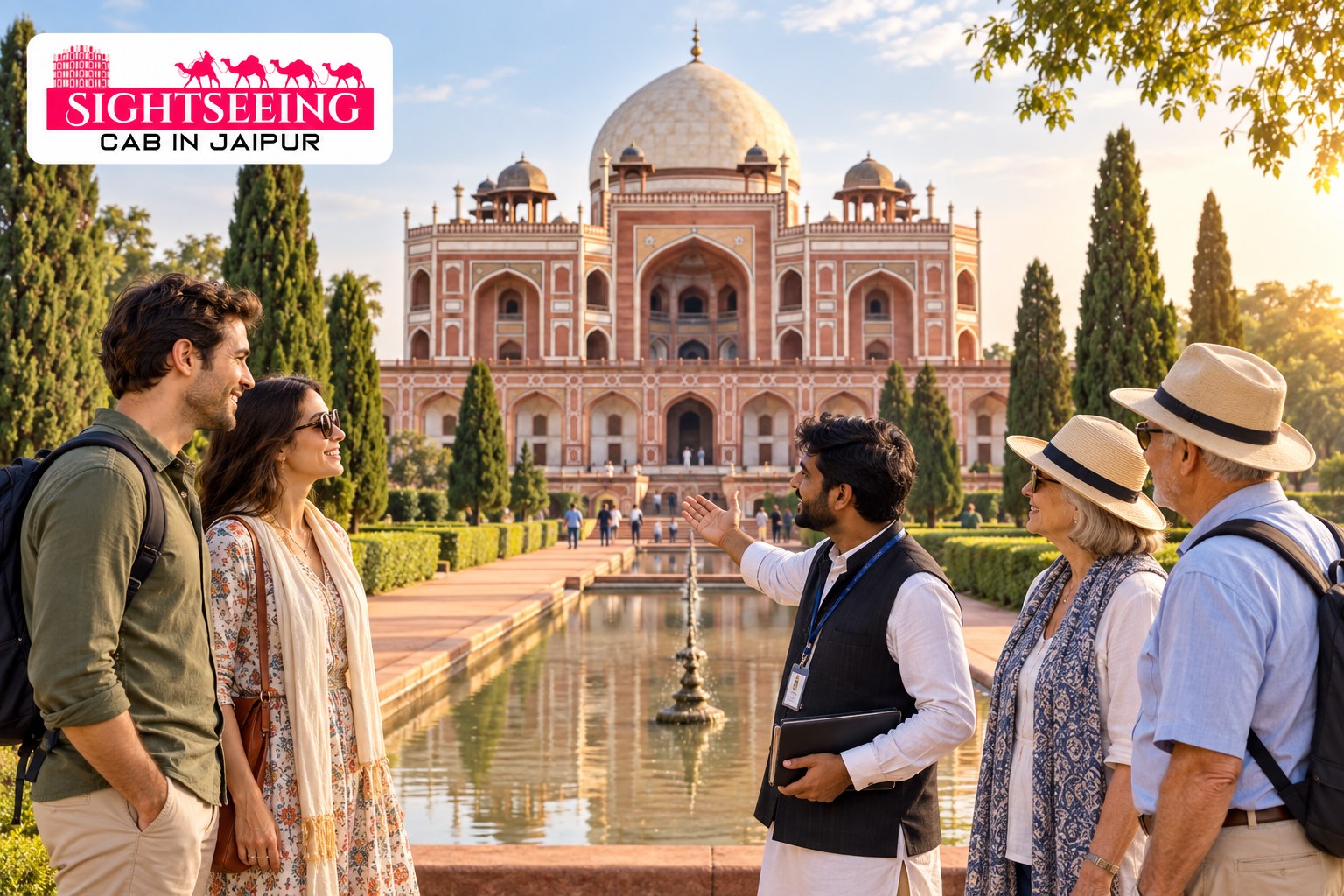 Guided family sightseeing at Humayun Tomb Delhi with website logo