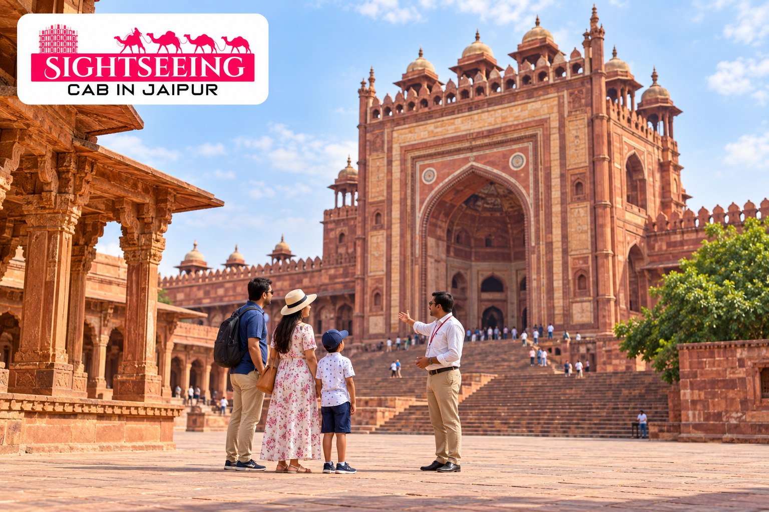 Family guided tour at Fatehpur Sikri on Golden Triangle journey