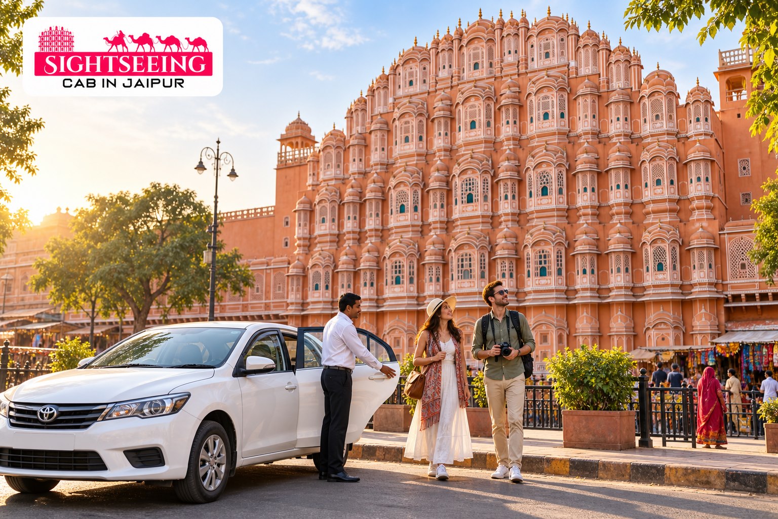 Private Golden Triangle tour near Hawa Mahal Jaipur with website logo