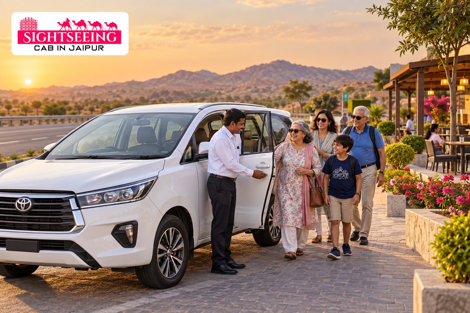 Family travelling on Golden Triangle route by private cab with website logo
