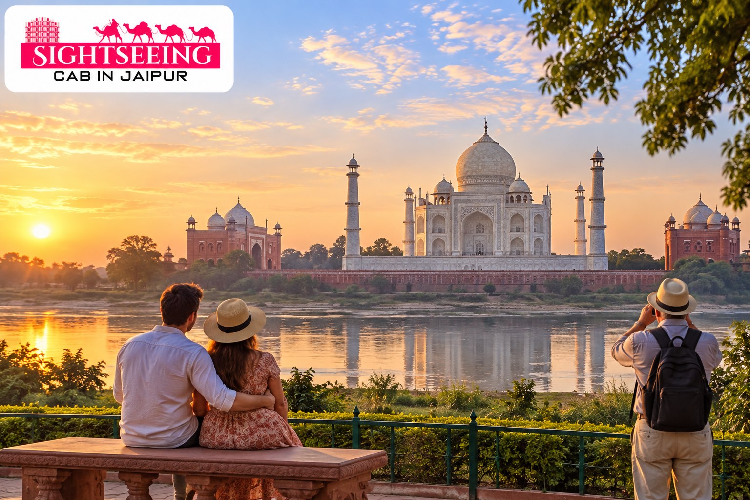 Taj Mahal riverside sunrise view with travellers and website logo