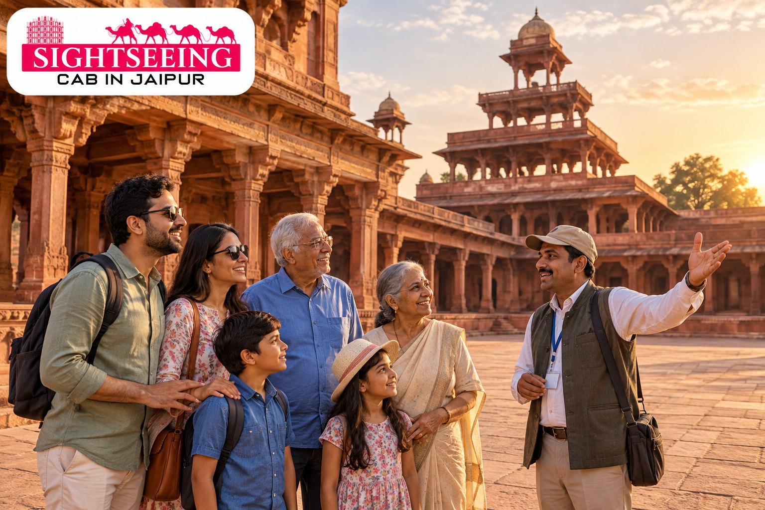 Multigenerational family with guide at Fatehpur Sikri