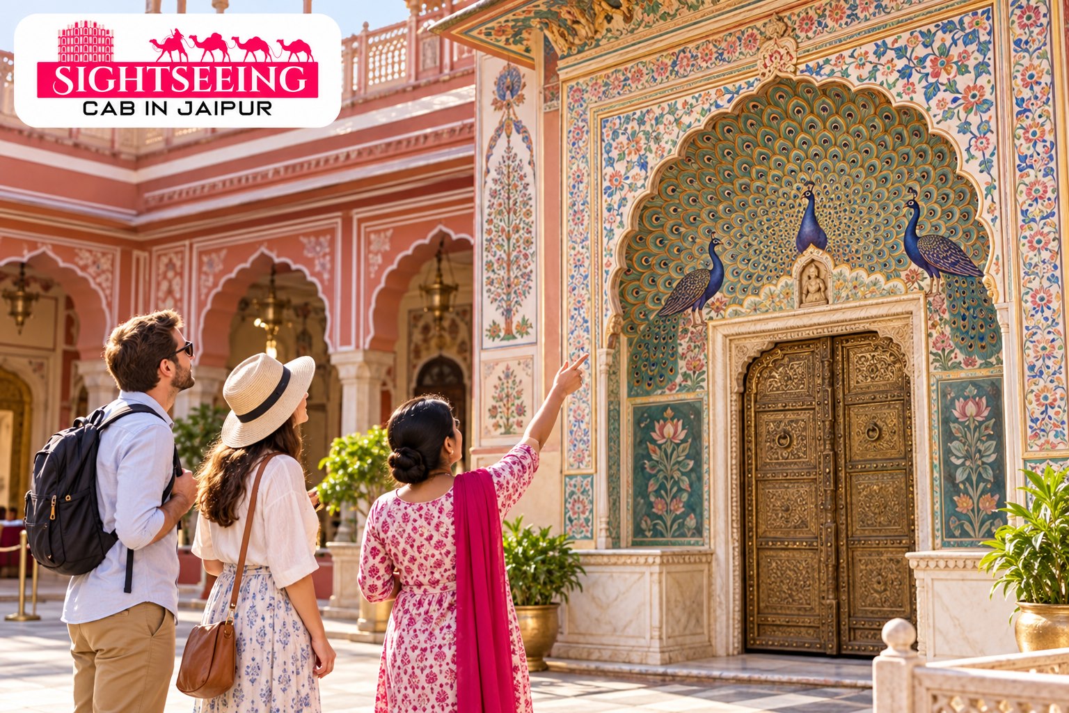 Travellers viewing decorated Jaipur palace doorway with website logo