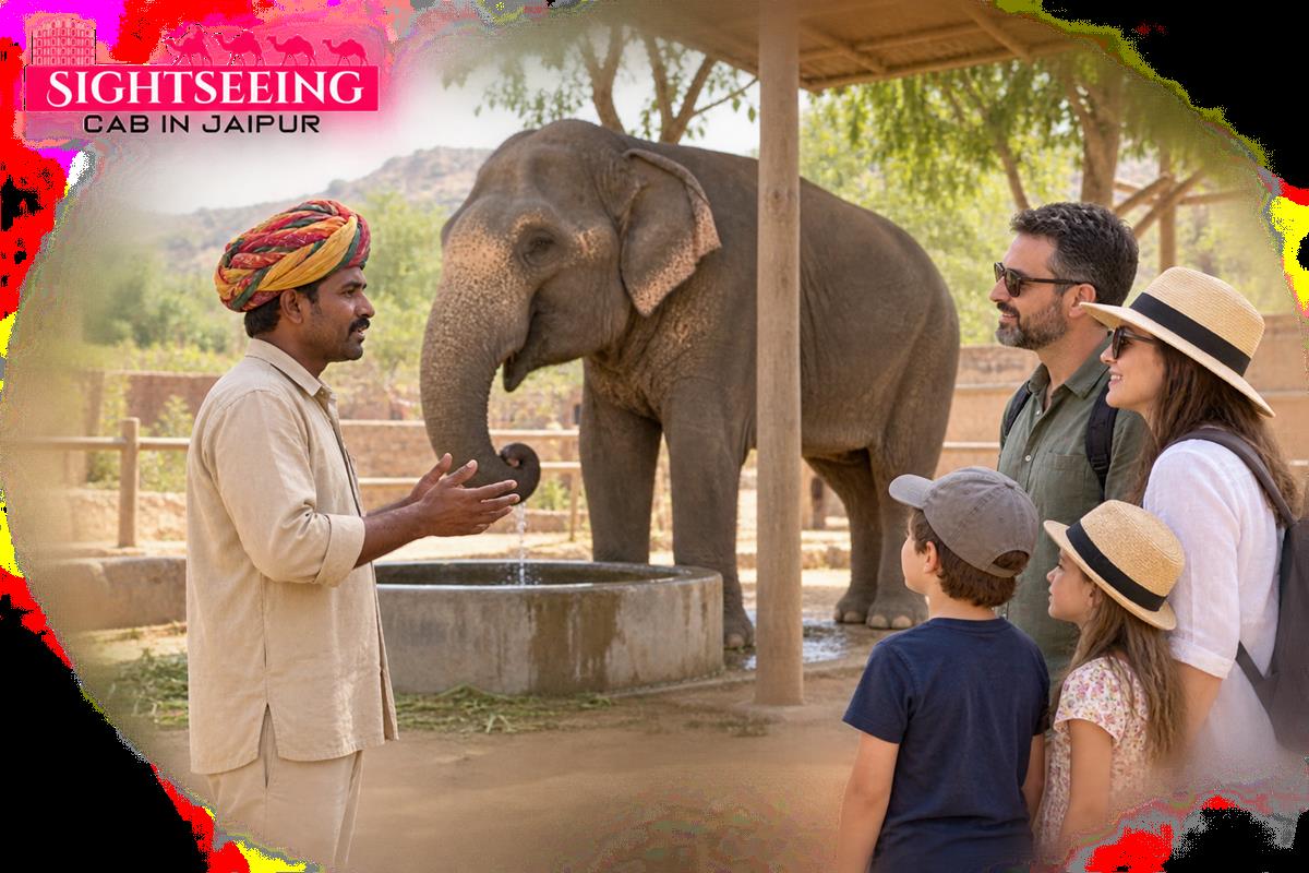 Caretaker explaining elephant care to family travellers near Jaipur