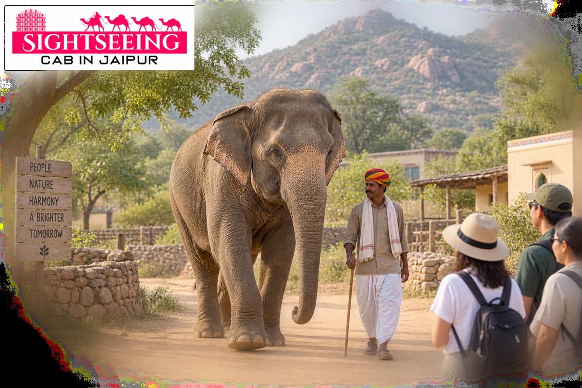 Responsible elephant observation with caretaker at Jaipur elephant village