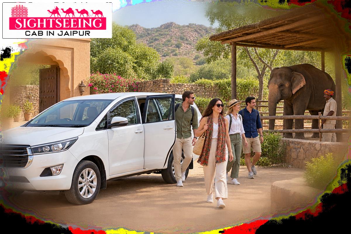 Private cab arriving at elephant village near Jaipur for a responsible tour