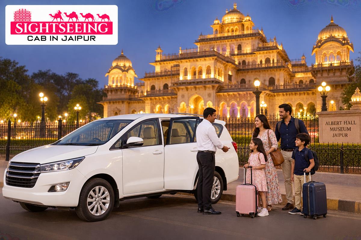 Private cab for Jaipur evening sightseeing near illuminated Albert Hall Museum