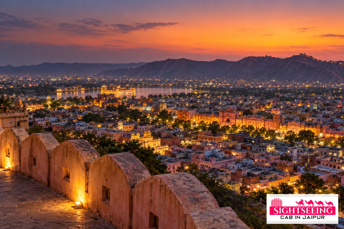 Panoramic Jaipur city lights at sunset