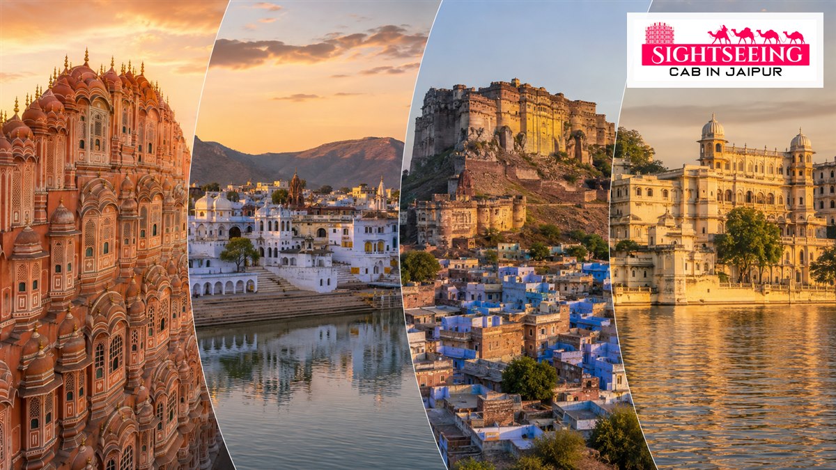 Branded collage showing Jaipur Pushkar Jodhpur and Udaipur tour route