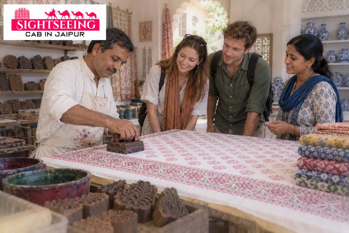 Jaipur artisan demonstrating hand block printing during a guided shopping tour