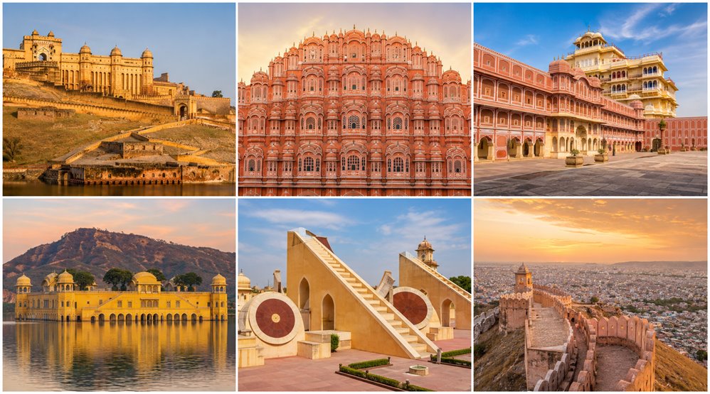 Jaipur sightseeing collage featuring Amber Fort, Hawa Mahal, City Palace, Jal Mahal, Jantar Mantar and Nahargarh Fort