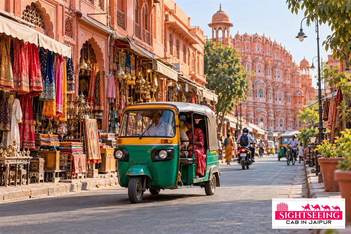 Jaipur tuk tuk passing through Pink City bazaar