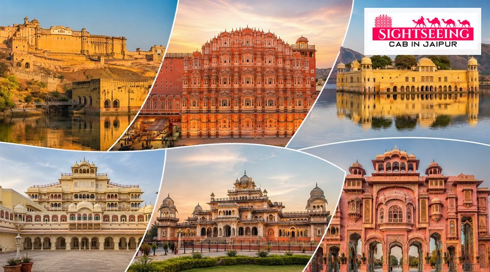 Collage of Amber Fort, Hawa Mahal, Jal Mahal, City Palace, Albert Hall Museum and Patrika Gate in Jaipur