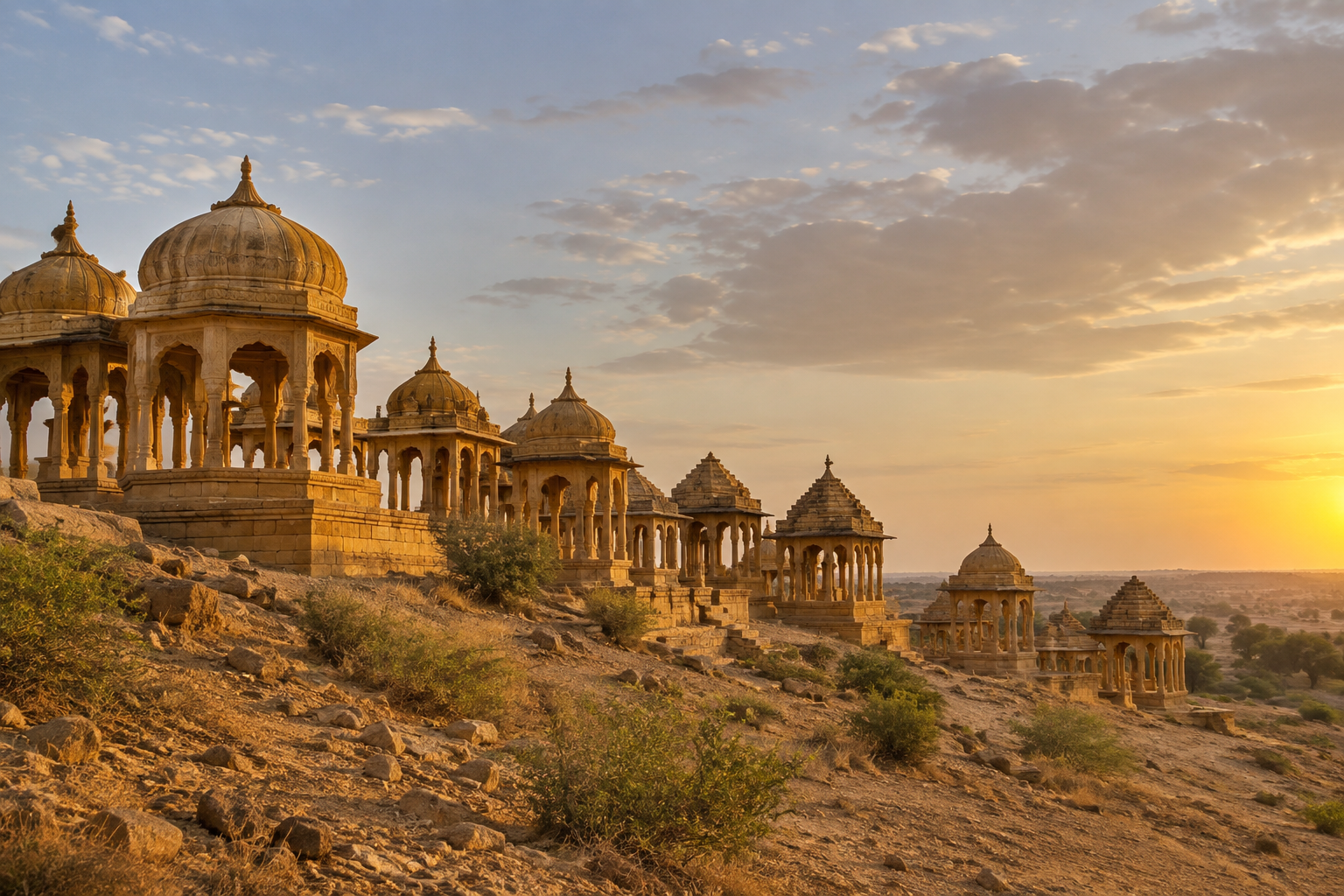 Golden sandstone cenotaphs at Bada Bagh Jaisalmer