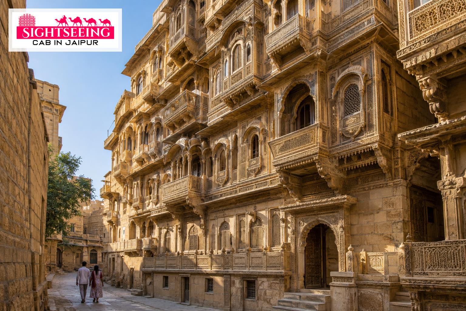 Intricately carved golden sandstone haveli lane in Jaisalmer