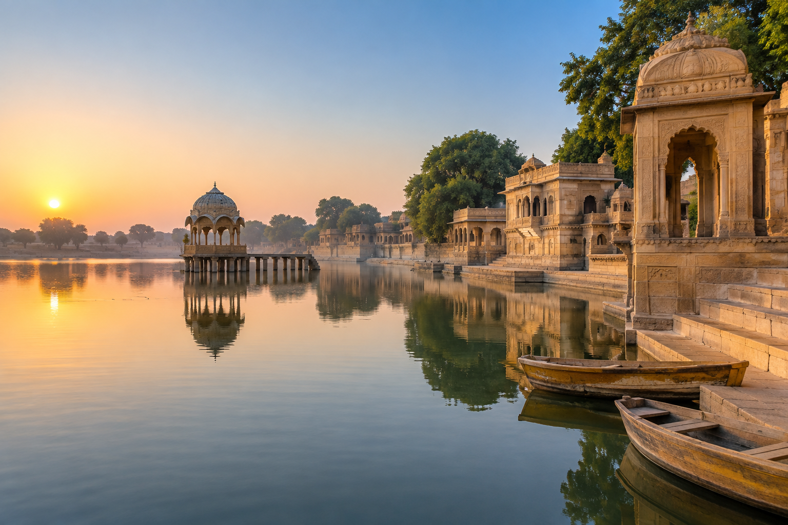Gadisar Lake and sandstone ghats in Jaisalmer