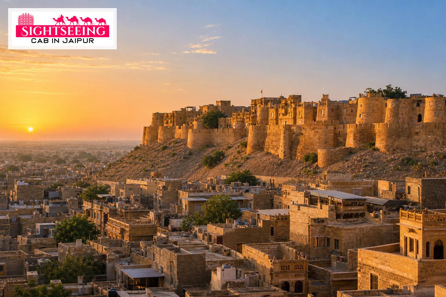 Golden sandstone Jaisalmer Fort and city at sunrise