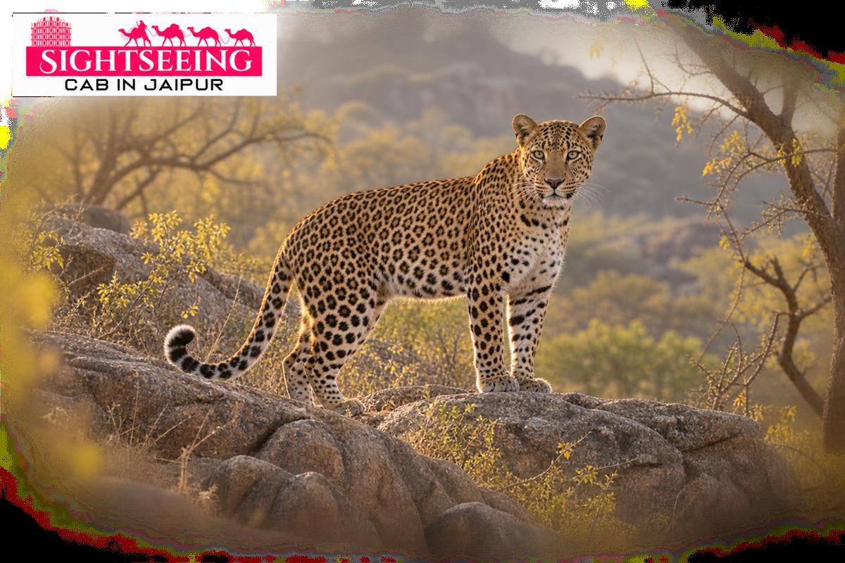 Indian leopard on rocky ridge in Jhalana-style forest near Jaipur