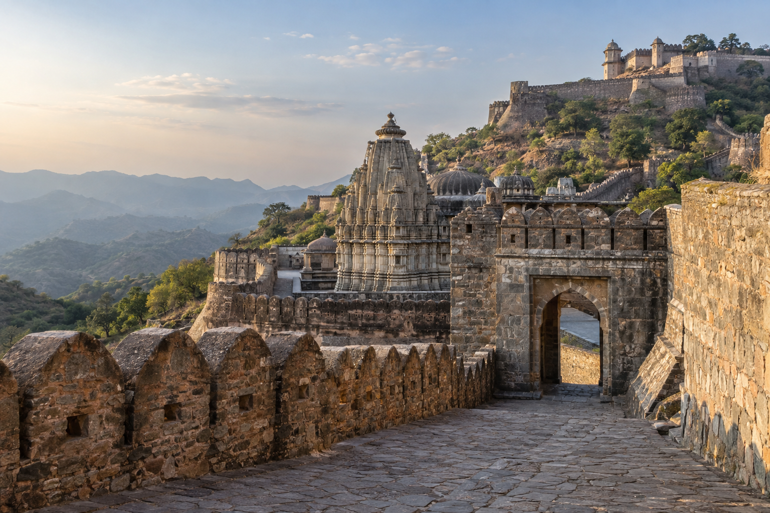Historic temples and ramparts inside Kumbhalgarh Fort