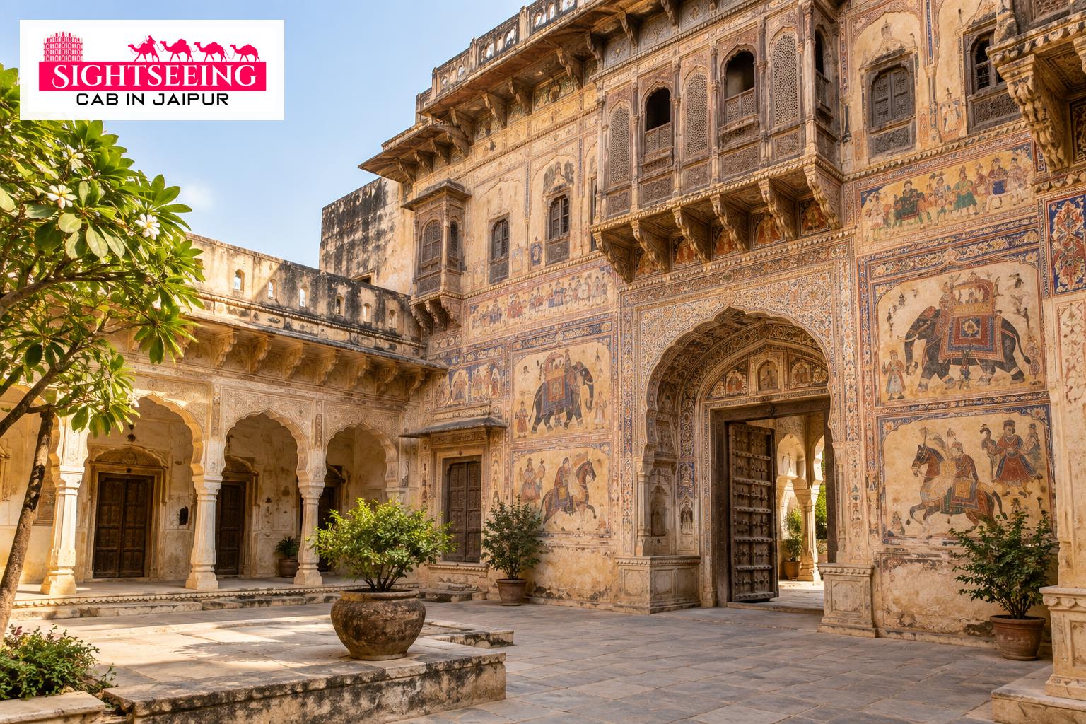 AI-generated Mandawa haveli visual with Sightseeing Cab in Jaipur logo