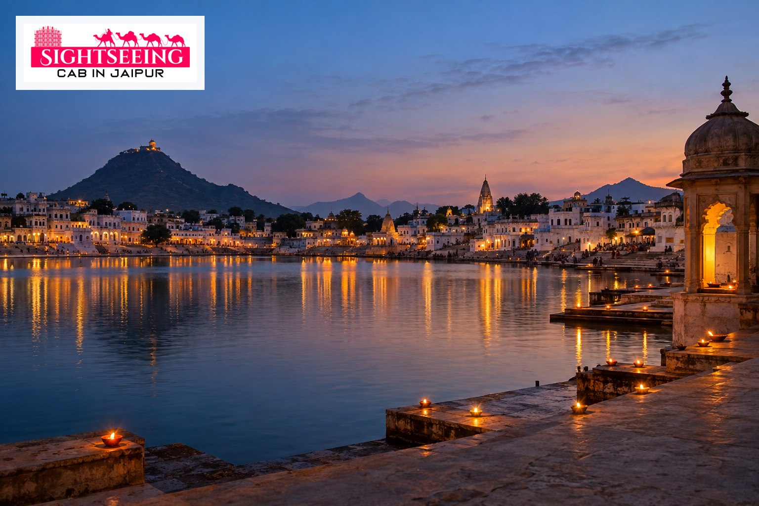 Pushkar Lake and illuminated ghats at blue hour