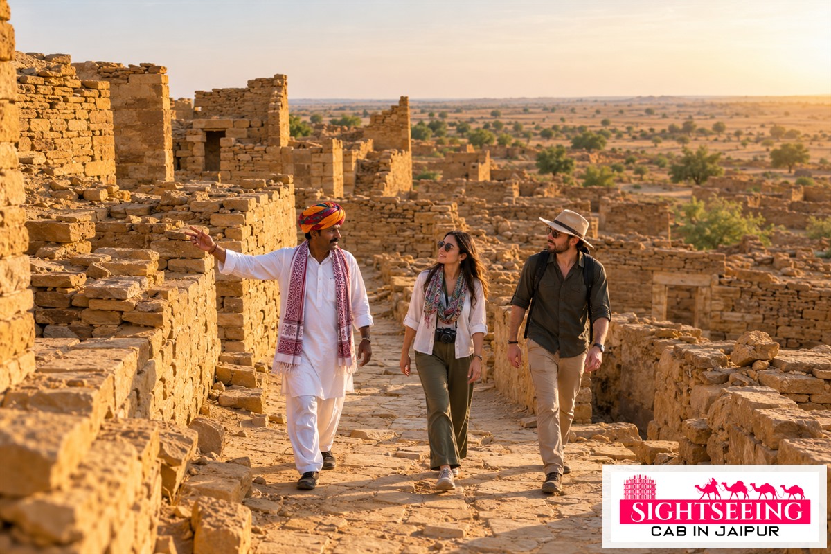 Travellers with guide exploring Kuldhara near Jaisalmer