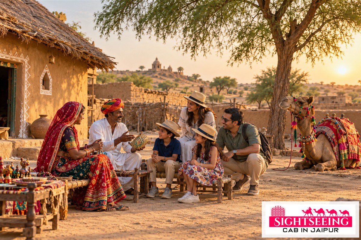 Family meeting local hosts at an Osian desert village
