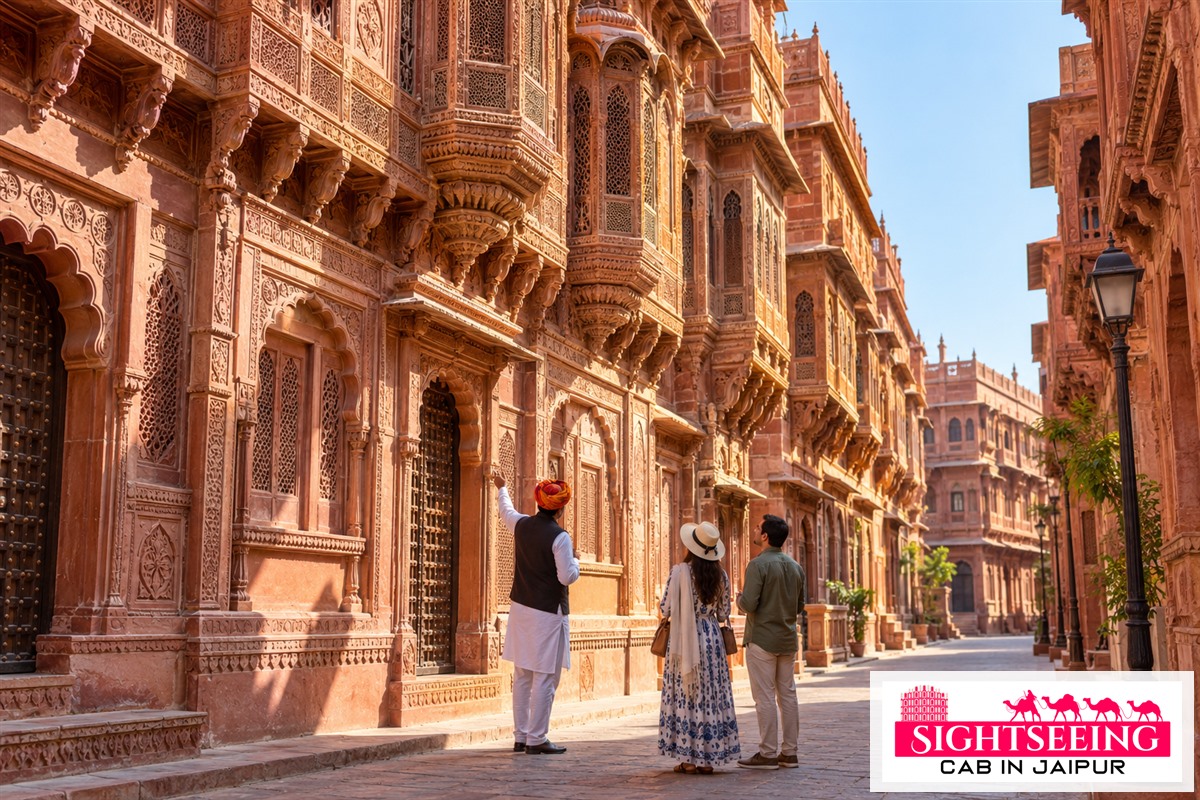 Couple and guide viewing Rampuria Haveli architecture in Bikaner