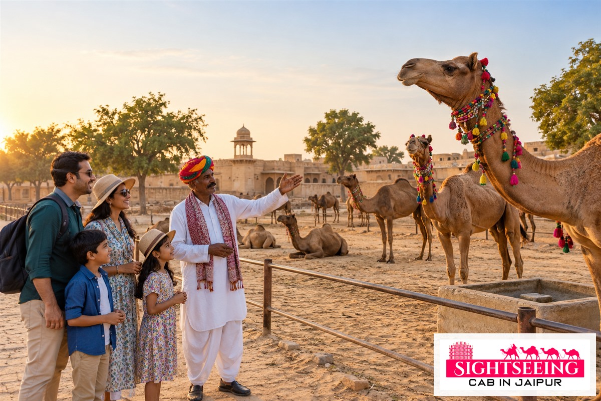 Family learning about camels with a local guide in Bikaner