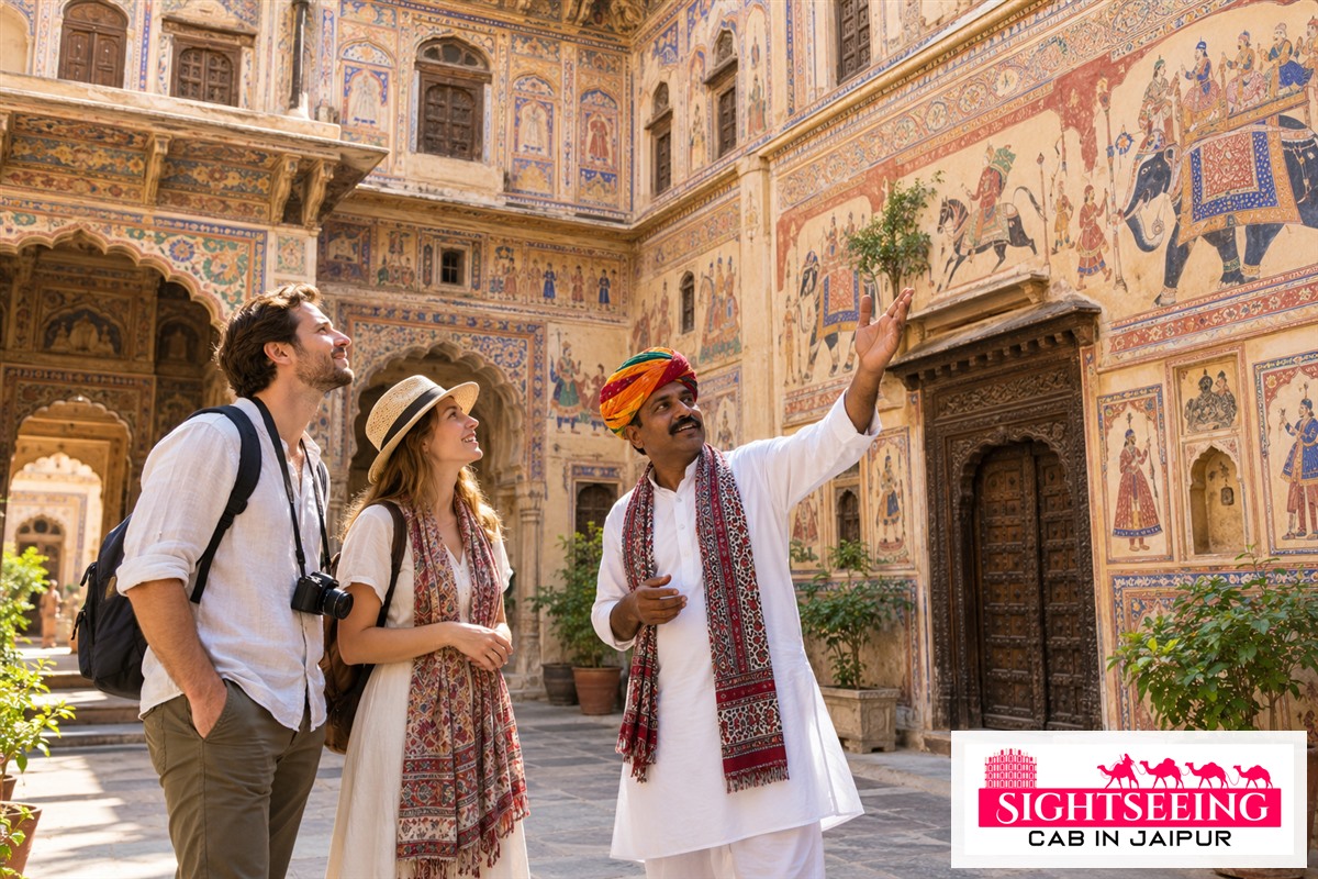 Travellers with a local guide inside a painted Mandawa haveli courtyard