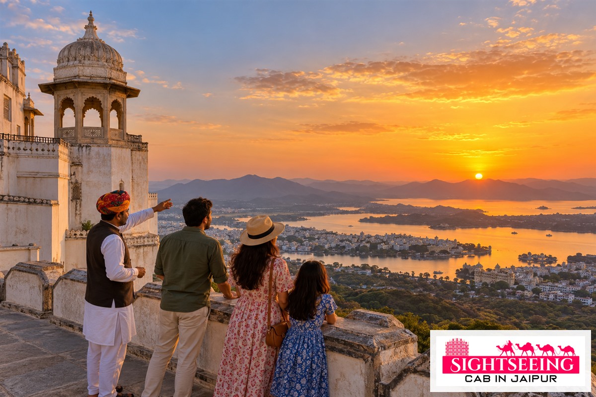 Family and guide watching sunset over Udaipur from Sajjangarh