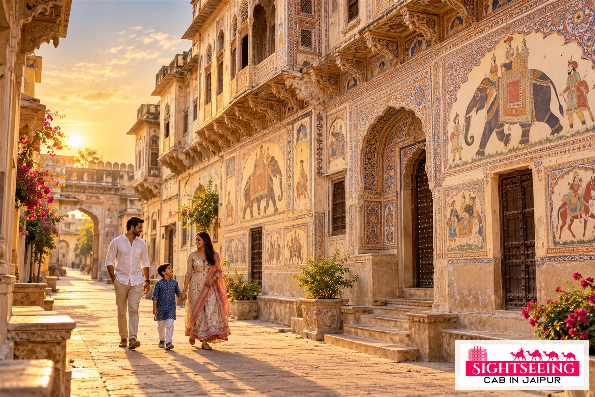 Family walking beside frescoed havelis in Mandawa Rajasthan