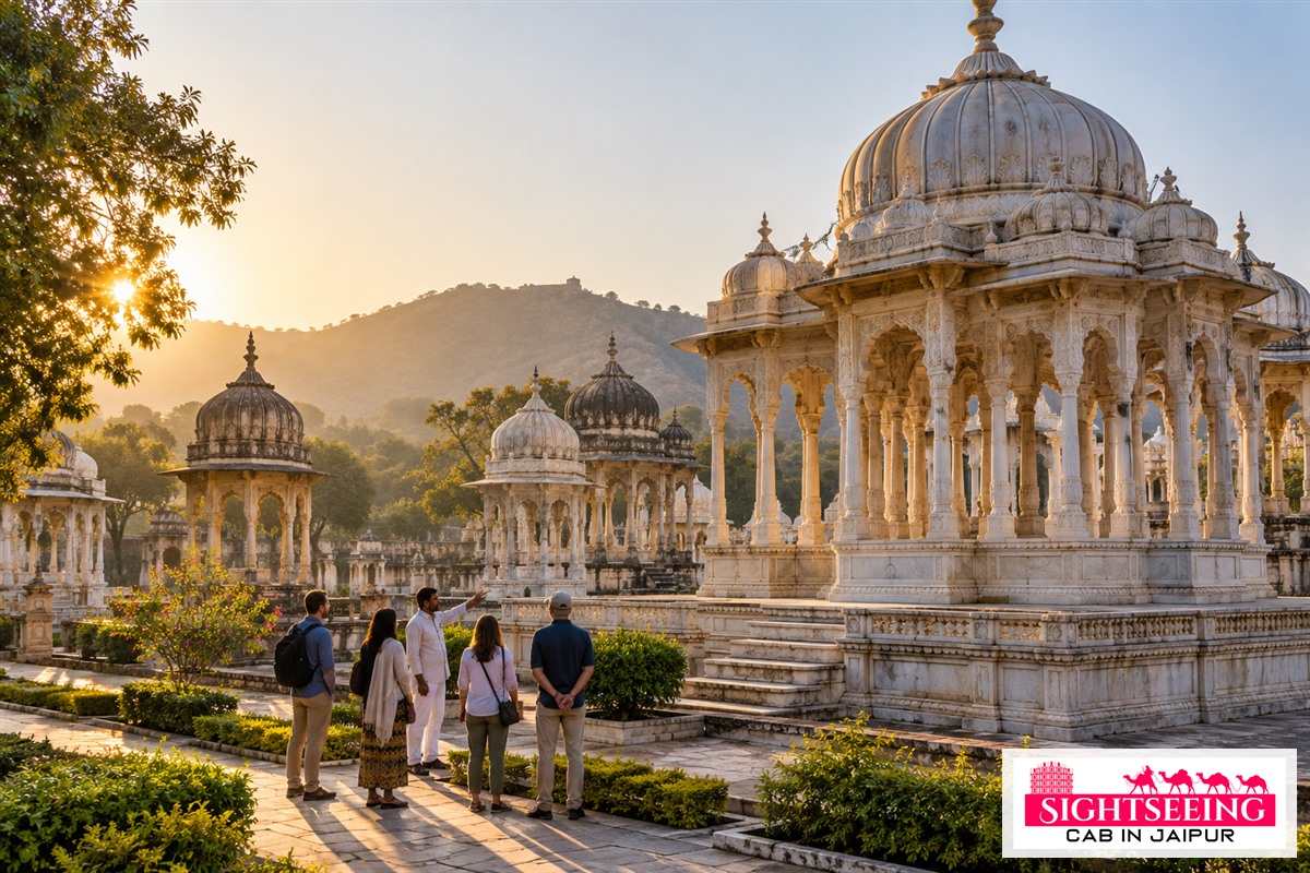 Travellers with a guide at Ahar Cenotaphs near Udaipur