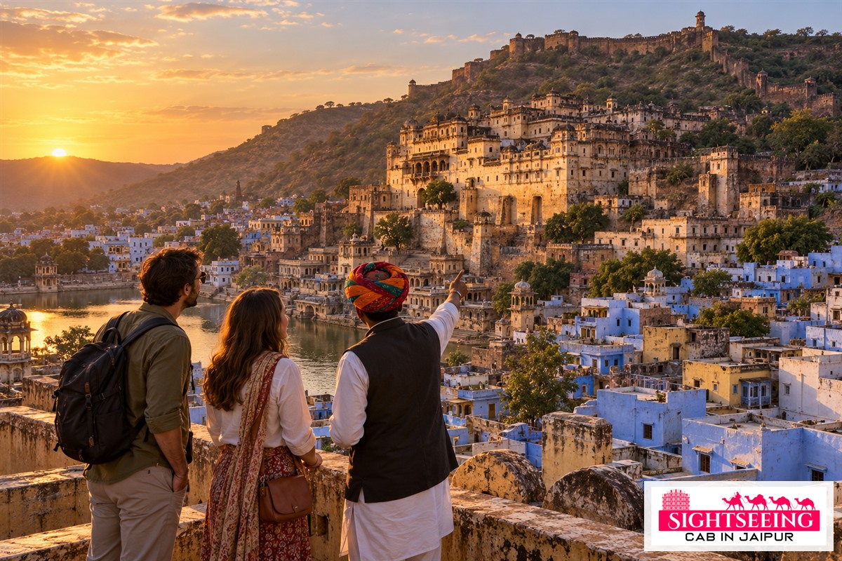 Travellers viewing Bundi Palace and Taragarh Fort at sunset
