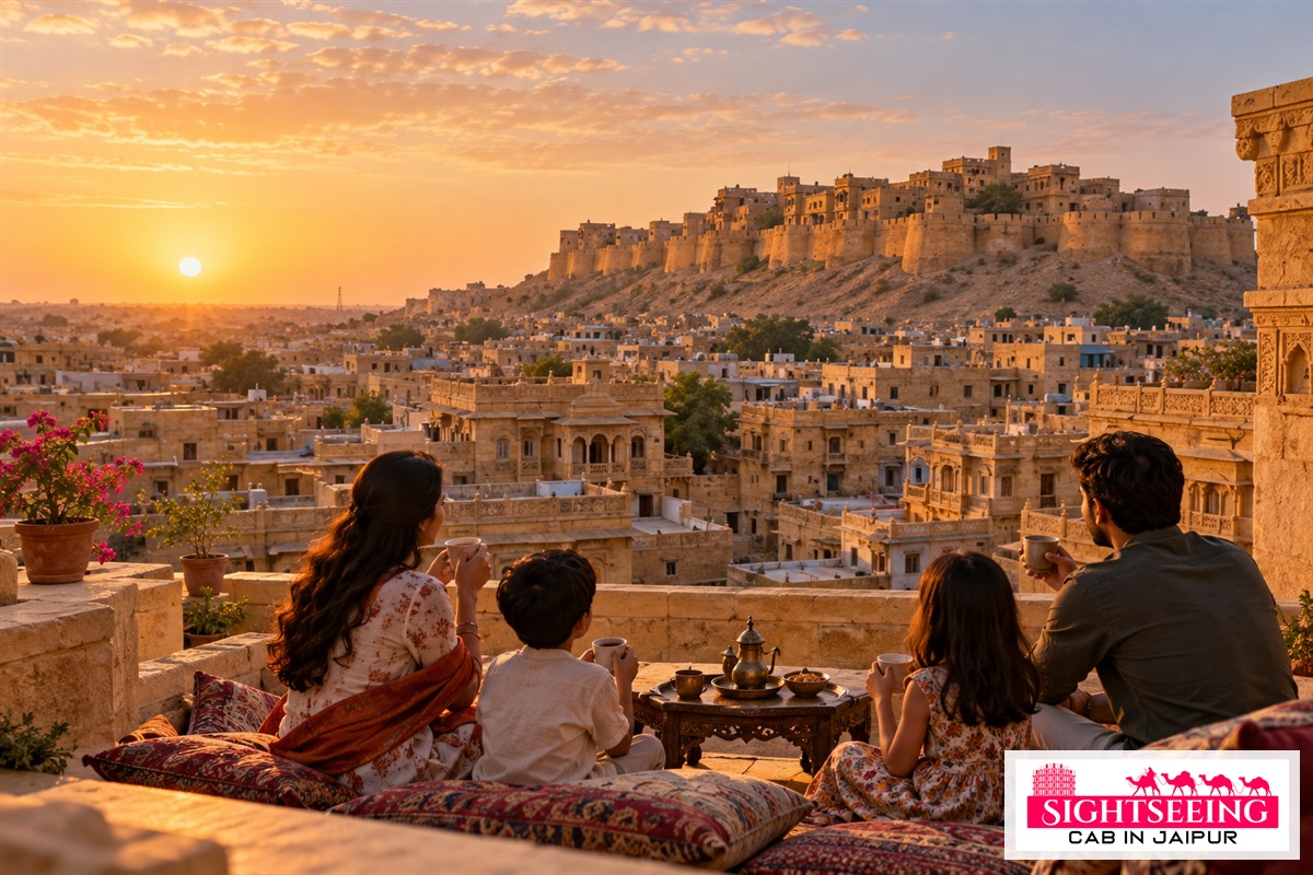 Family viewing Jaisalmer Fort from a heritage rooftop at dawn
