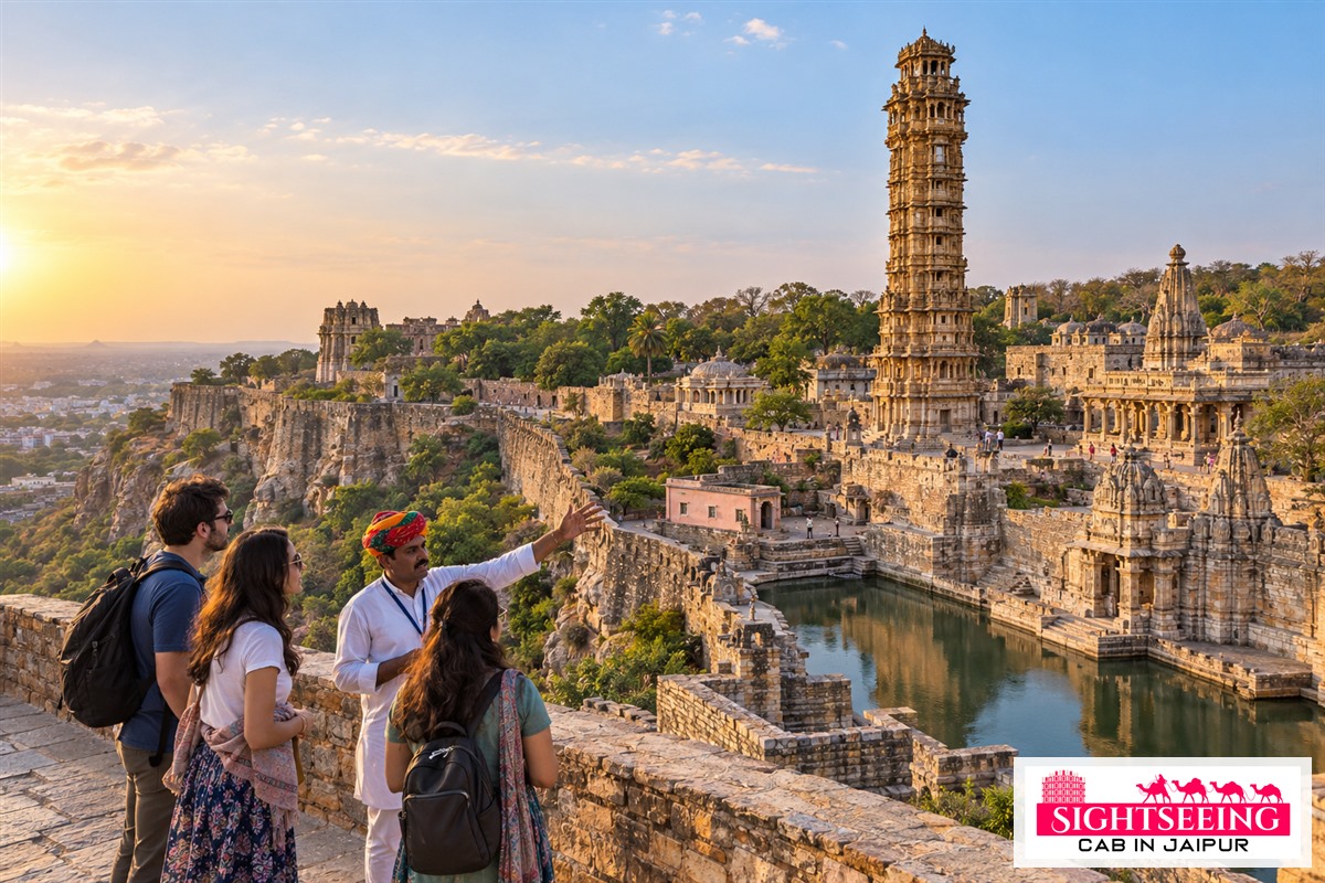 Travellers and guide near Vijay Stambh at Chittorgarh Fort