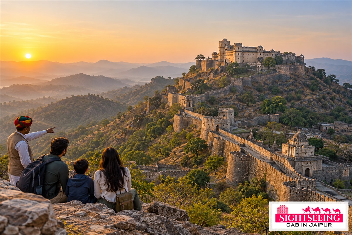 Family and guide viewing Kumbhalgarh Fort at dawn
