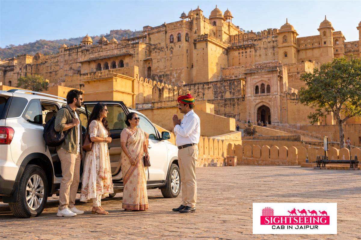 Family arriving at Amber Fort by private cab for a 3-day Jaipur tour