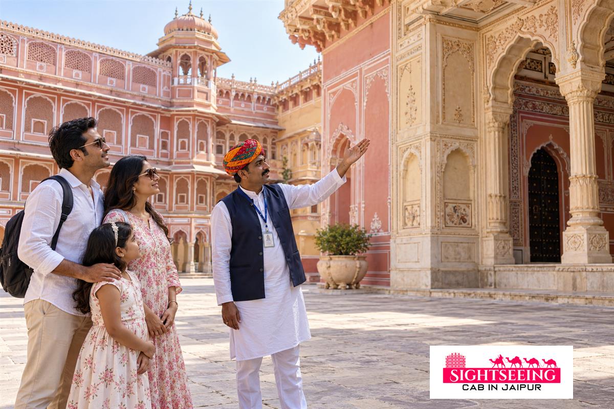 Local guide explaining City Palace architecture during Jaipur sightseeing